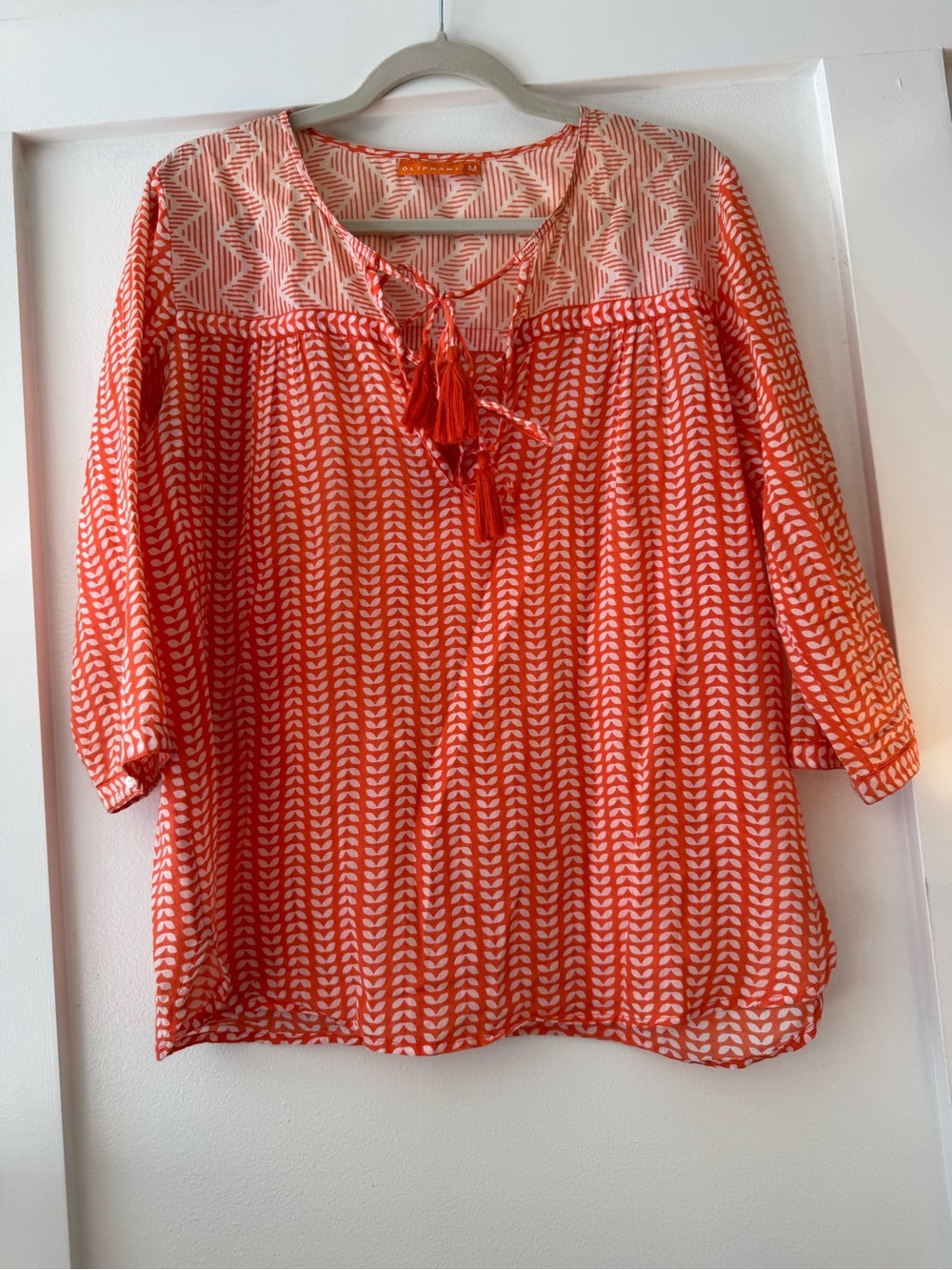 Oliphant Women's Lightweight Orange Patterned Tassel Peasant Top EUC Size Medium